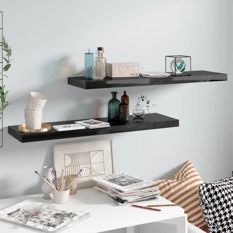 foto del prodotto scaffali a parete 2 pz nero lucido 90x23,5x3,8 cm in mdf