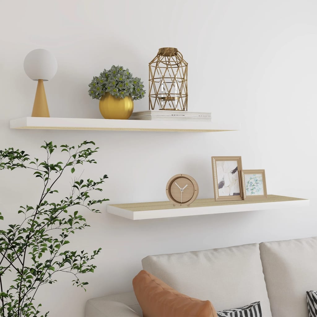 foto del prodotto scaffali a parete 2 pz rovere e bianco 90x23,5x3,8 cm in mdf cod mxl 33072