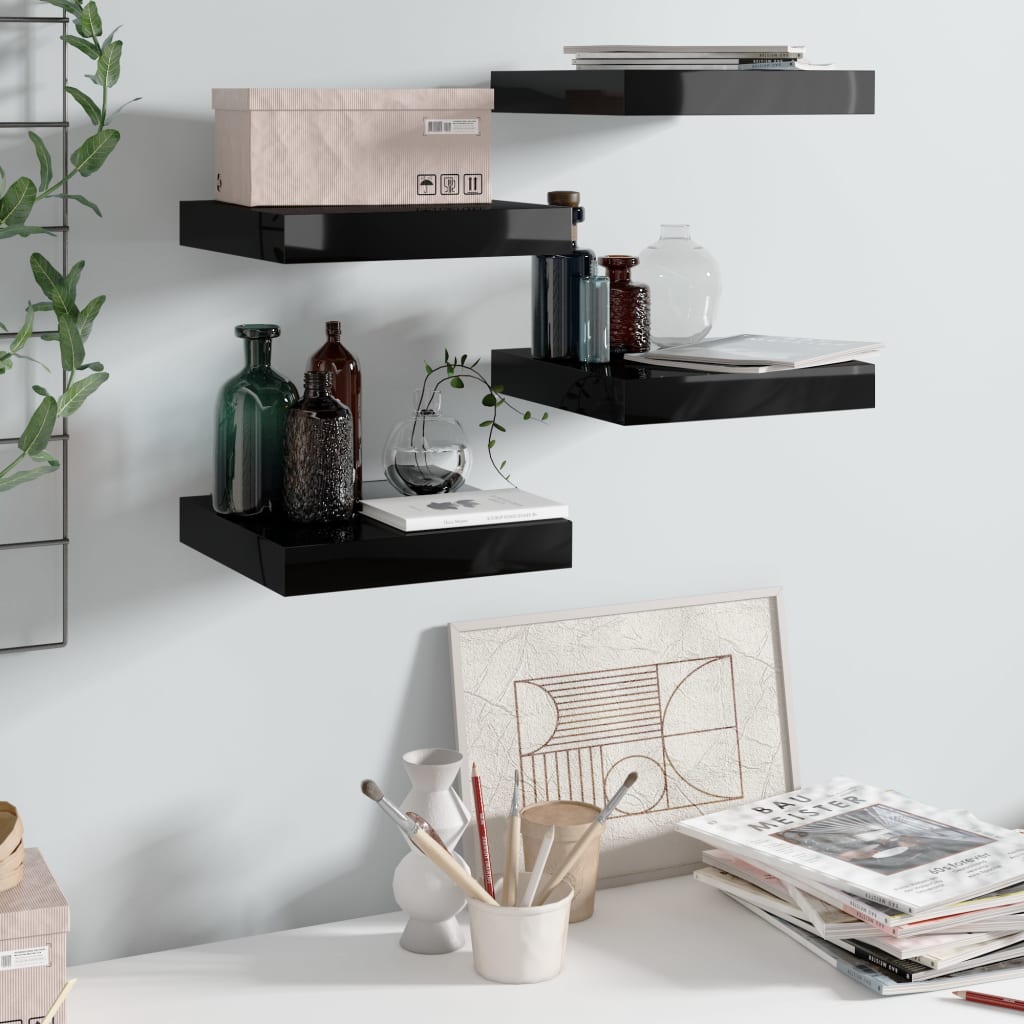 foto del prodotto scaffali a parete 4 pz nero lucido 23x23,5x3,8 cm in mdf cod mxl 62369