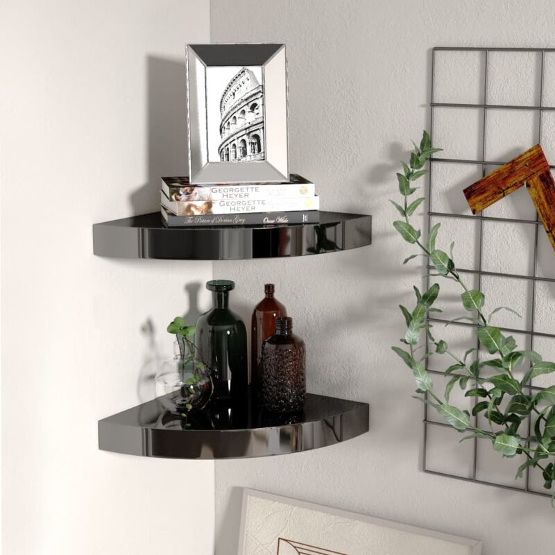 foto del prodotto scaffali angolari a parete 2 pz nero lucido 25x25x3,8 cm mdf