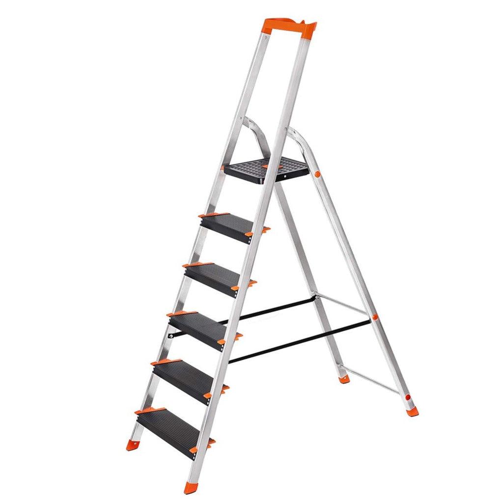 foto del prodotto scala 6 gradini scaletta in alluminio larghezza gradino 12 cm vassoio porta attrezzi pieghevole piedini antiscivolo portata 150 kg nero 12 0001922