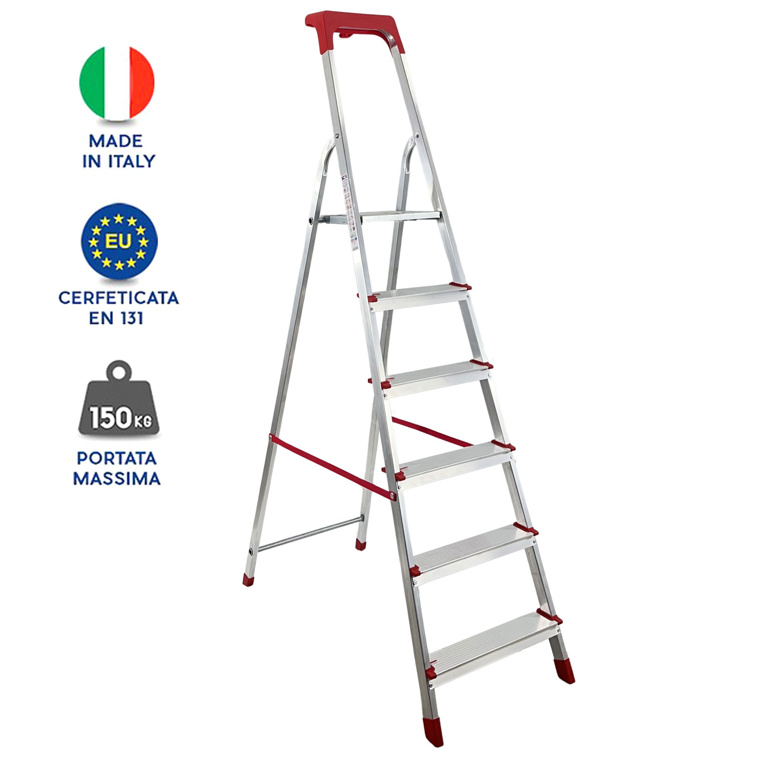 foto del prodotto scala domestica in alluminio martina leggera portatile scaletto vaschetta portaoggetti pieghevole robusta salvaspazio made in italy 6 gradini