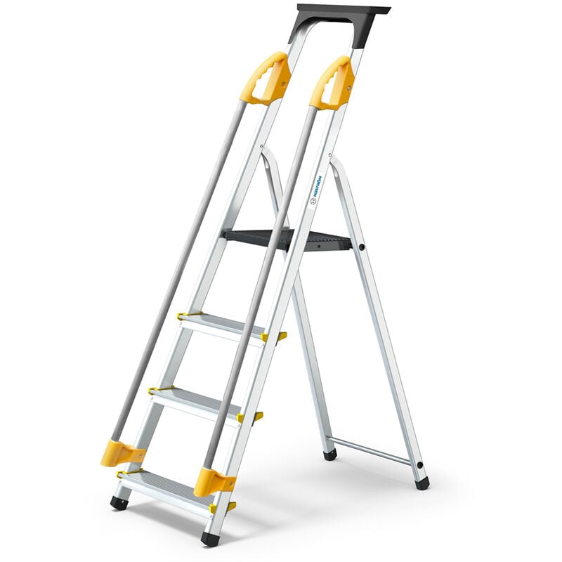 foto del prodotto scala duramp 4 gradini con corrimano e vaschetta per attrezzi, leggera e pieghevole, altezza piattaforma 75 cm, 5 anni di garanzia, hostrom