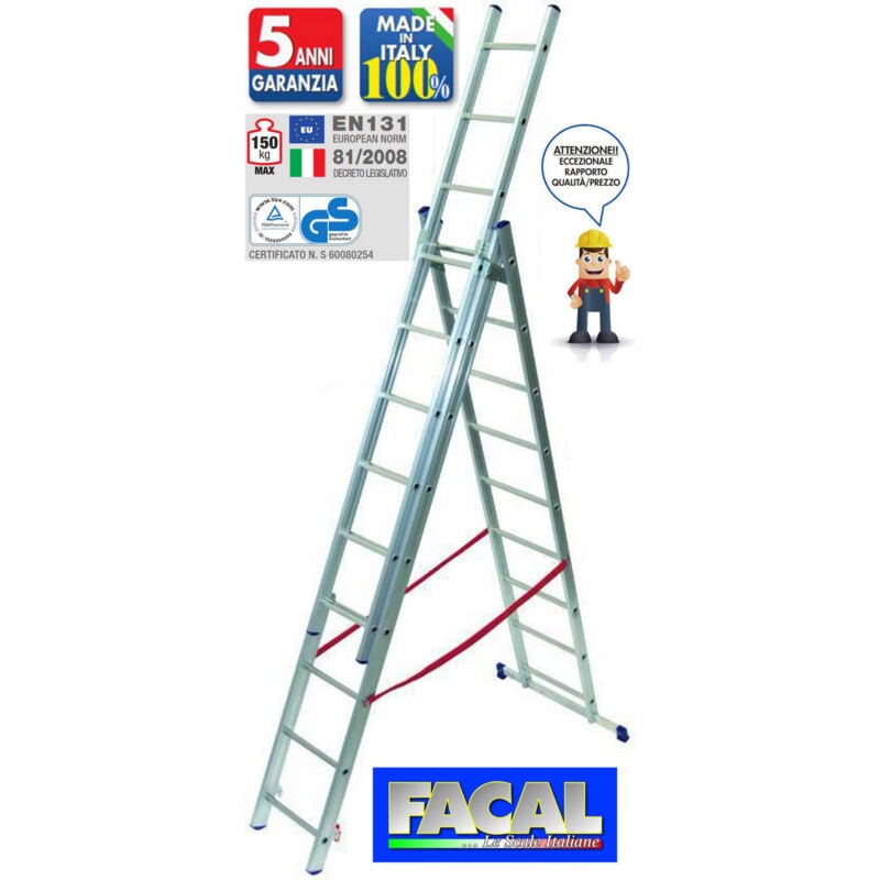 foto del prodotto scala in alluminio triplice telescopica facal 3 rampe x 9 gradini mt. 5,94