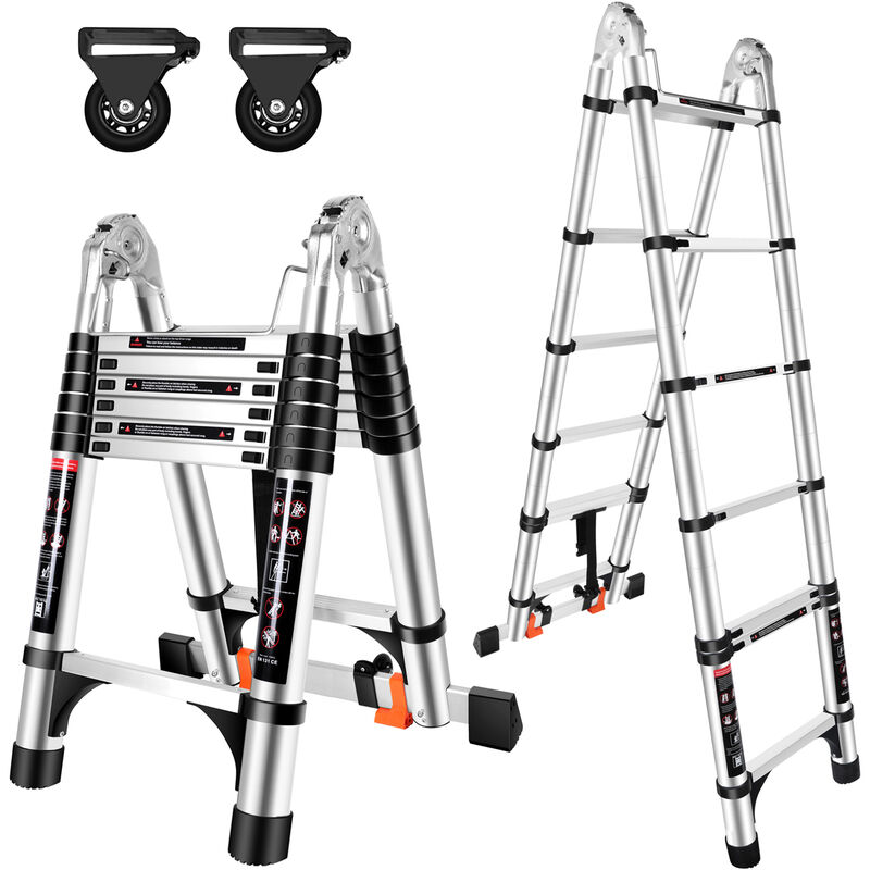 foto del prodotto scala multiuso in alluminio da 4,4m 2,2m 2,2m scaletta telescopica con 2 ruote