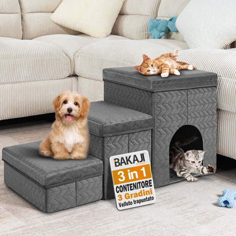 foto del prodotto scala per animali 3 in 1 multifunzione pieghevole vano contenitore grigio scuro