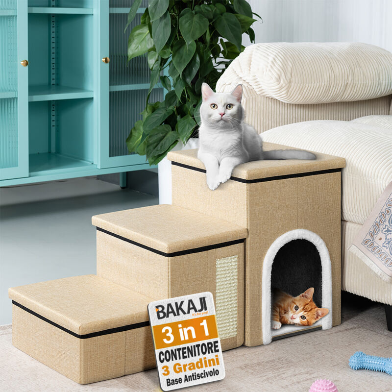 foto del prodotto scala per animali 3in1 multifunzione scaletta beige pieghevole vano contenitore