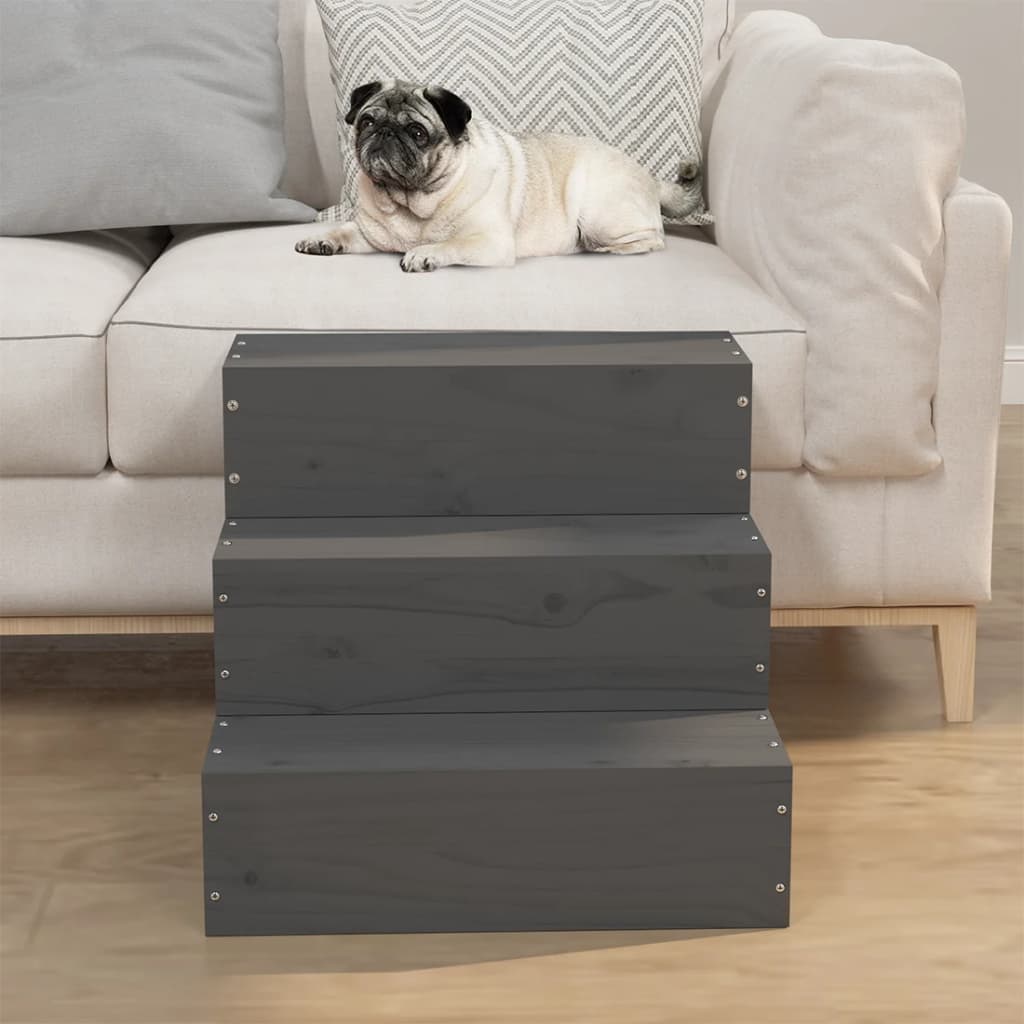 foto del prodotto scala per animali grigia 40x37,5x35cm in legno massello di pino cod mxl 51321