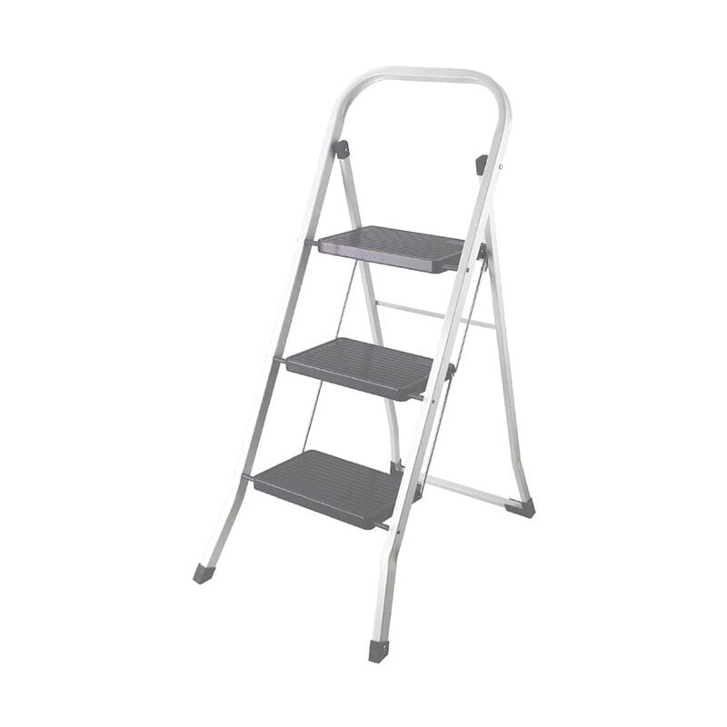 foto del prodotto scala pieghevole, 3 gradini, pieghevole, scala domestica con impugnatura alta, piedini antiscivolo e profilo antiscivolo sui due gradini, acciaio