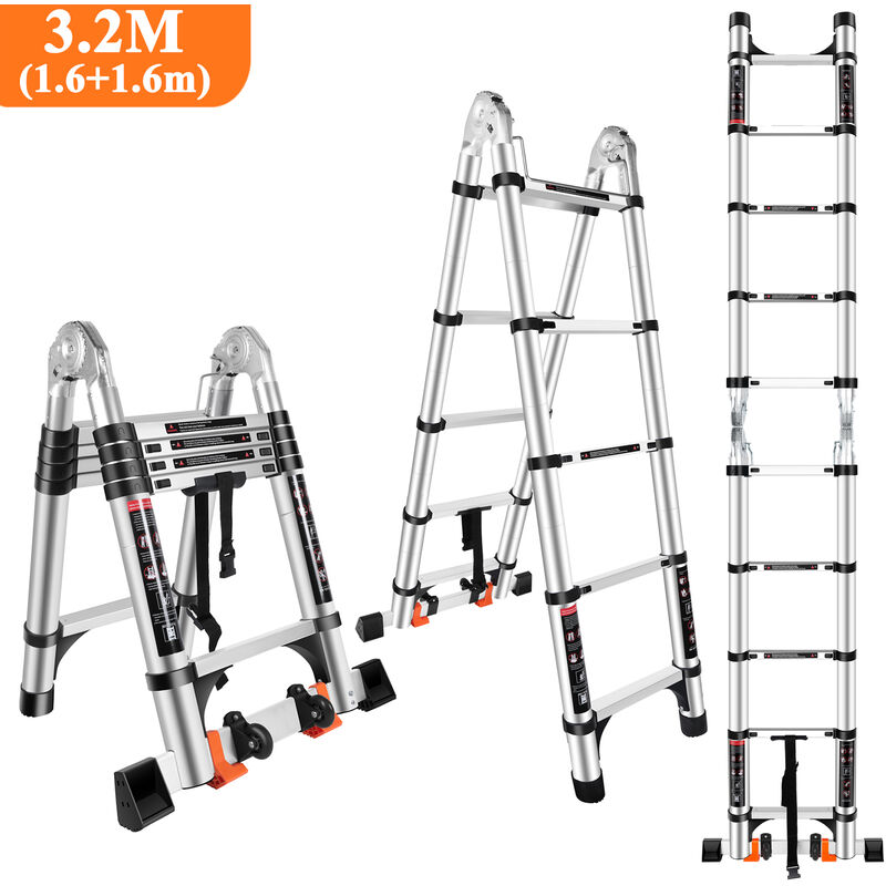 foto del prodotto scala pieghevole telescopica in alluminio da 3,2 m con 2 rotelle 1,6 m 1,6 m , scala pieghevole multifunzione con carico di 150 kg, nero argento