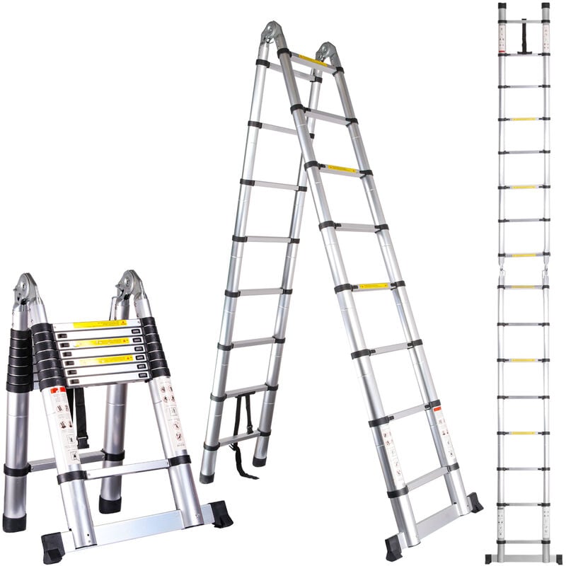 foto del prodotto scala pieghevole telescopica in alluminio da 3,8 m 1,9 m 1,9 m , scala retrattile multifunzione pieghevole con carico di 150 kg, argento