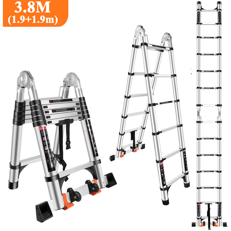 foto del prodotto scala pieghevole telescopica in alluminio da 3,8 m con 2 rotelle 1,9 m 1,9 m , scala pieghevole multifunzione con carico di 150 kg, nero argento