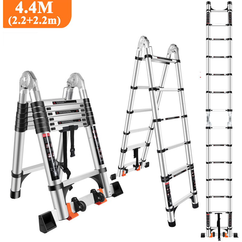 foto del prodotto scala pieghevole telescopica in alluminio da 4,4 m con 2 rotelle 2,2 m 2,2 m , scala pieghevole multifunzione con carico di 150 kg, nero argento