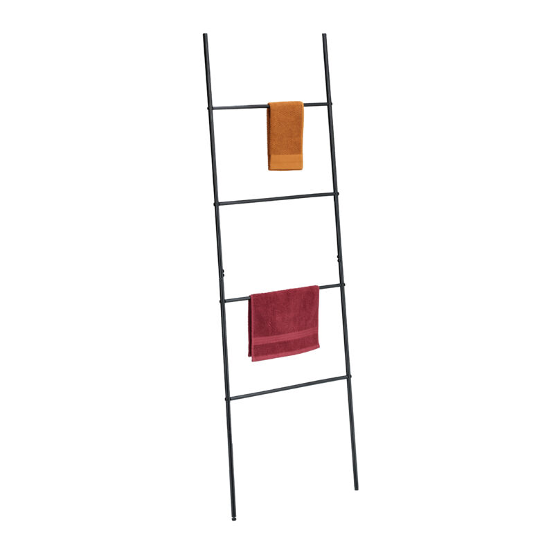 foto del prodotto scala porta asciugamani da bagno e camera, scaletta a 4 pioli portasciugamani in acciaio, hxl 171x55 cm, nero relaxdays