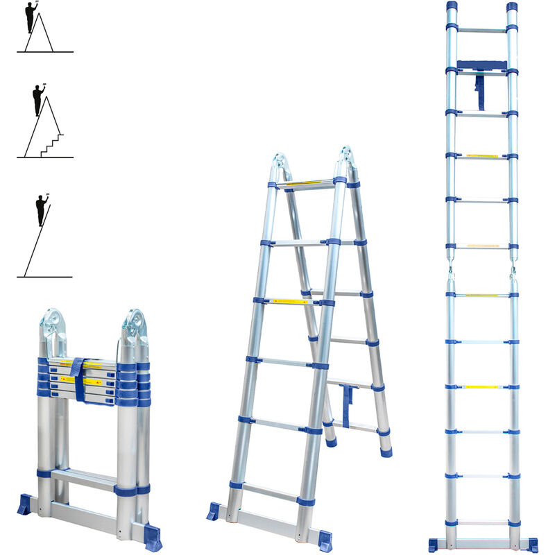 foto del prodotto scala telescopica articolata in alluminio 3,8 m 1,9 1,9 stempakt hostrom, leggera, compatta e pieghevole, altezza di lavoro massima 4,7m, carico