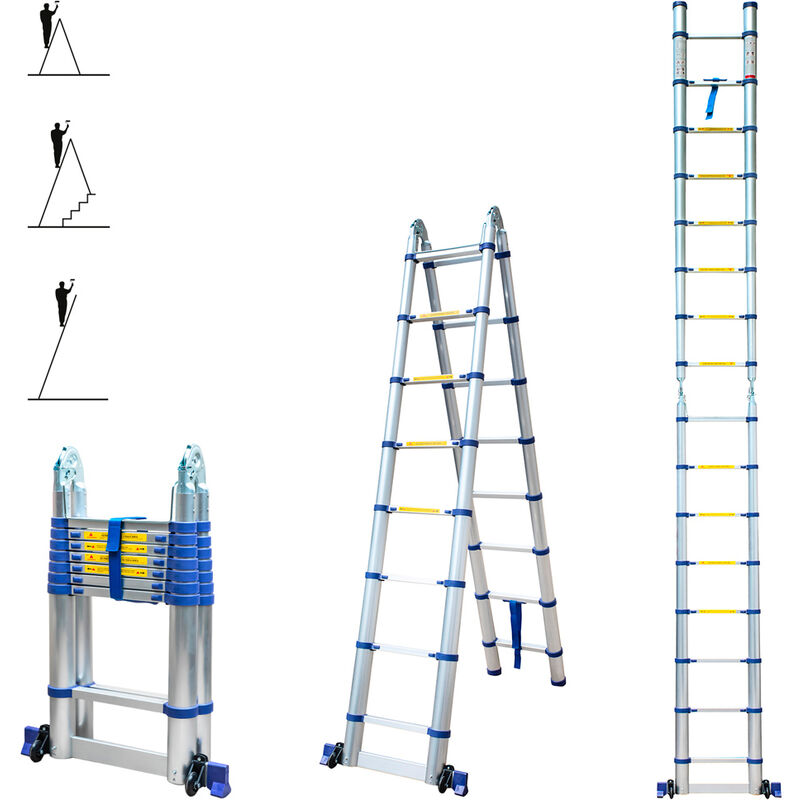 foto del prodotto scala telescopica articolata in alluminio 5 m 2,5 2,5 stempakt hostrom, leggera, compatta e pieghevole, altezza di lavoro massima 5,9m, carico