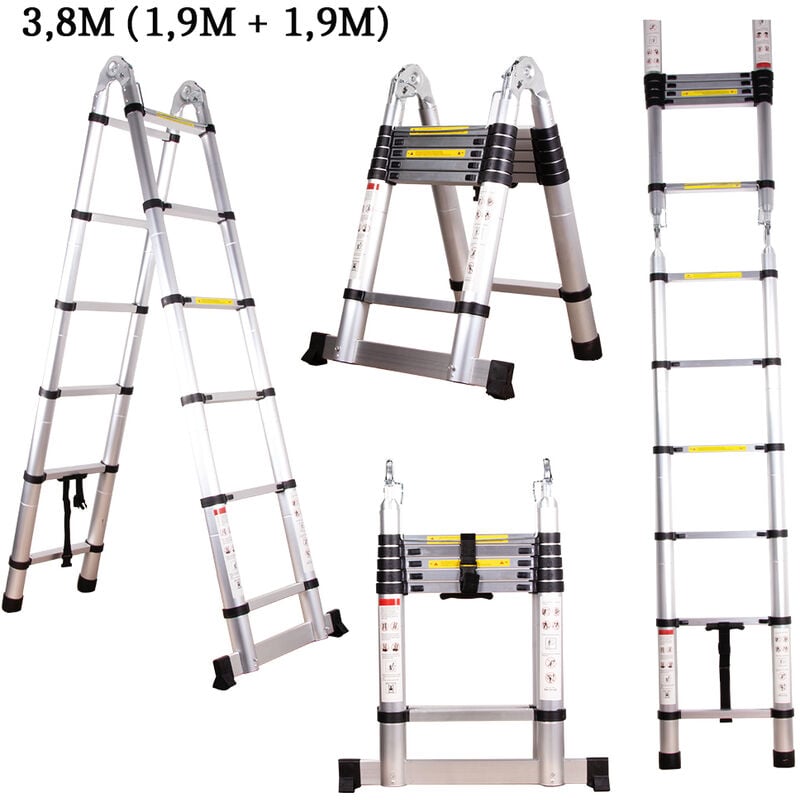 foto del prodotto scala telescopica pieghevole, 3.8 metri scaletta in alluminio con barra stabilizzatrice gancio, carico di 150 kg plata