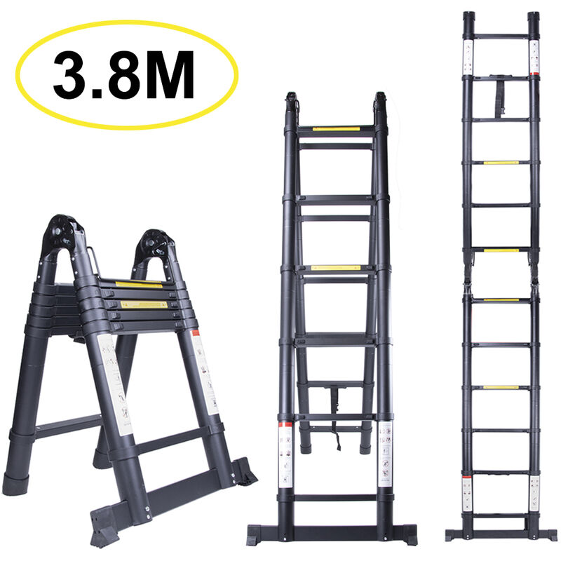 foto del prodotto scala telescopica pieghevole 3,8m, multiuso allungabile scaletta in alluminio en131 carico massimo 150 kg nero