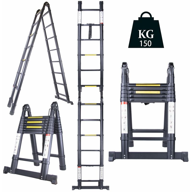 foto del prodotto scala telescopica pieghevole, multiuso allungabile scaletta in alluminio 150 kg usato cucina home office hotel 3,8 m 1,9 m 1,9 m 
