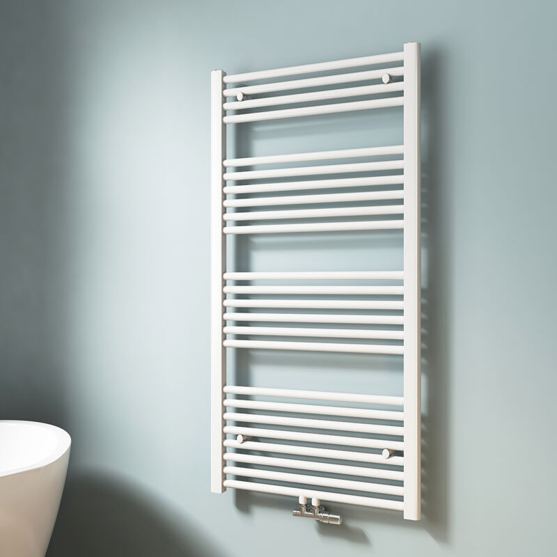 foto del prodotto scaldasalviette ad acqua calda, radiatore scaldasalviette con collegamento centralizzato bianco 120x60cm 598 watt emke