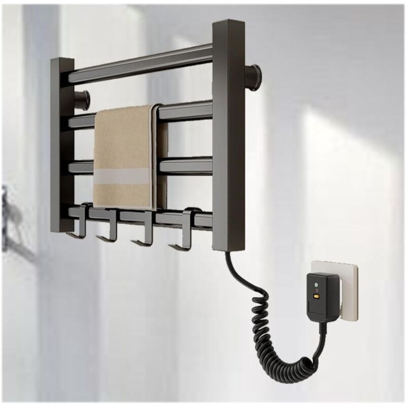 foto del prodotto scaldasalviette da bagno, scaldasalviette con spina, accessori per spa con asciugamani, scaldasalviette a parete, nero, spina a destra