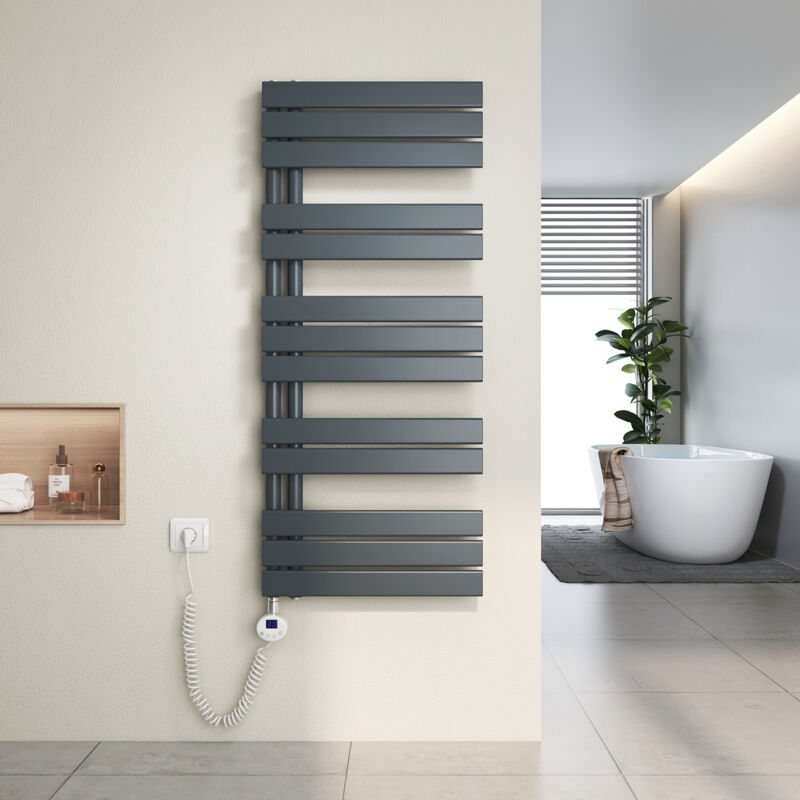 foto del prodotto scaldasalviette elettrici unilaterale asimmetria con termostato di riscaldamento elettrico portasciugamani elettrico 120x50cm, antracite heilmetz