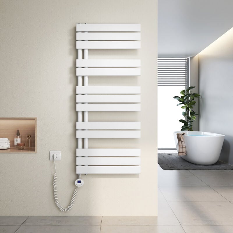 foto del prodotto scaldasalviette elettrici unilaterale asimmetria con termostato di riscaldamento elettrico portasciugamani elettrico 120x50cm, bianco heilmetz