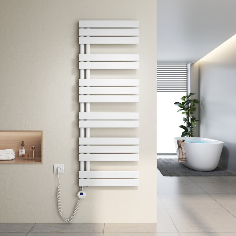 foto del prodotto scaldasalviette elettrici unilaterale asimmetria con termostato di riscaldamento elettrico portasciugamani elettrico 140x50cm, bianco heilmetz