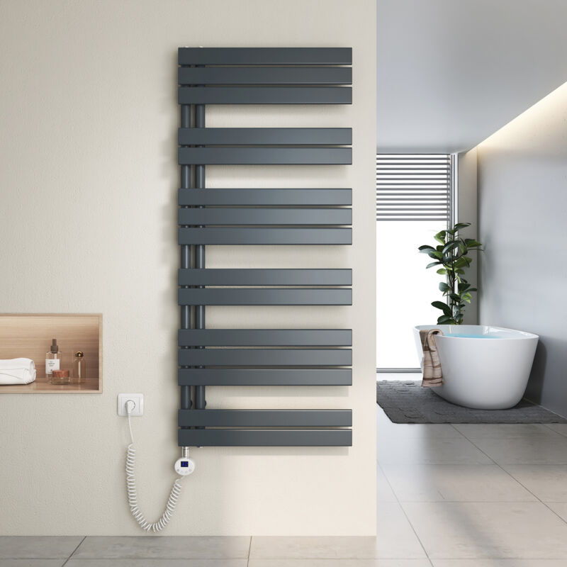 foto del prodotto scaldasalviette elettrici unilaterale asimmetria con termostato di riscaldamento elettrico portasciugamani elettrico 140x60cm, antracite heilmetz