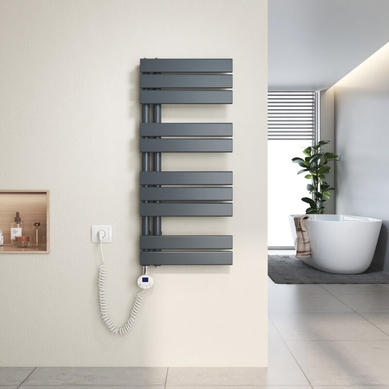 foto del prodotto scaldasalviette elettrici unilaterale asimmetria con termostato di riscaldamento elettrico portasciugamani elettrico 90x40cm, antracite heilmetz