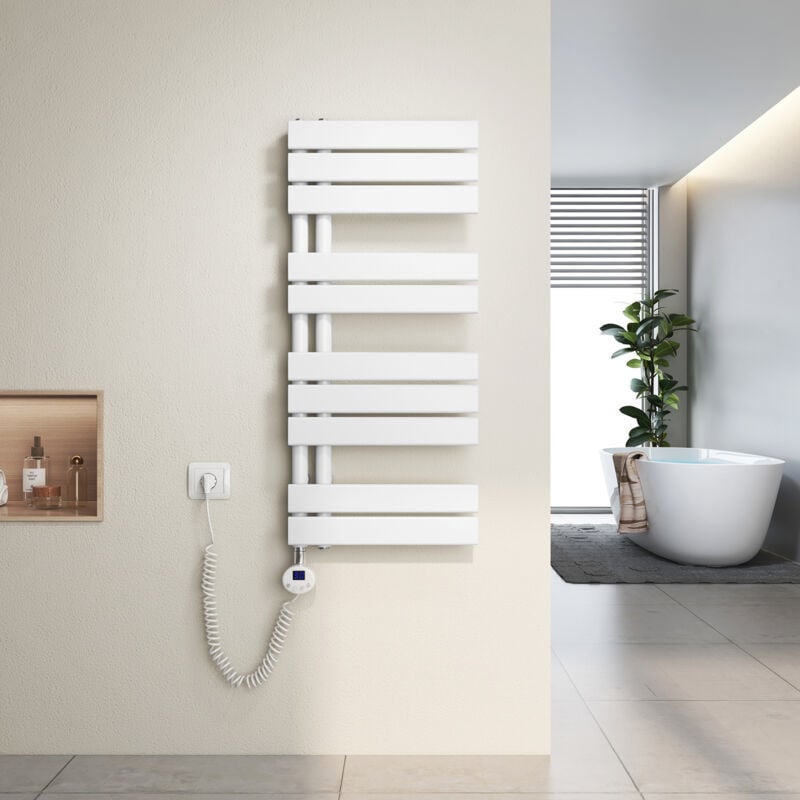 foto del prodotto scaldasalviette elettrici unilaterale asimmetria con termostato di riscaldamento elettrico portasciugamani elettrico 90x40cm, bianco heilmetz