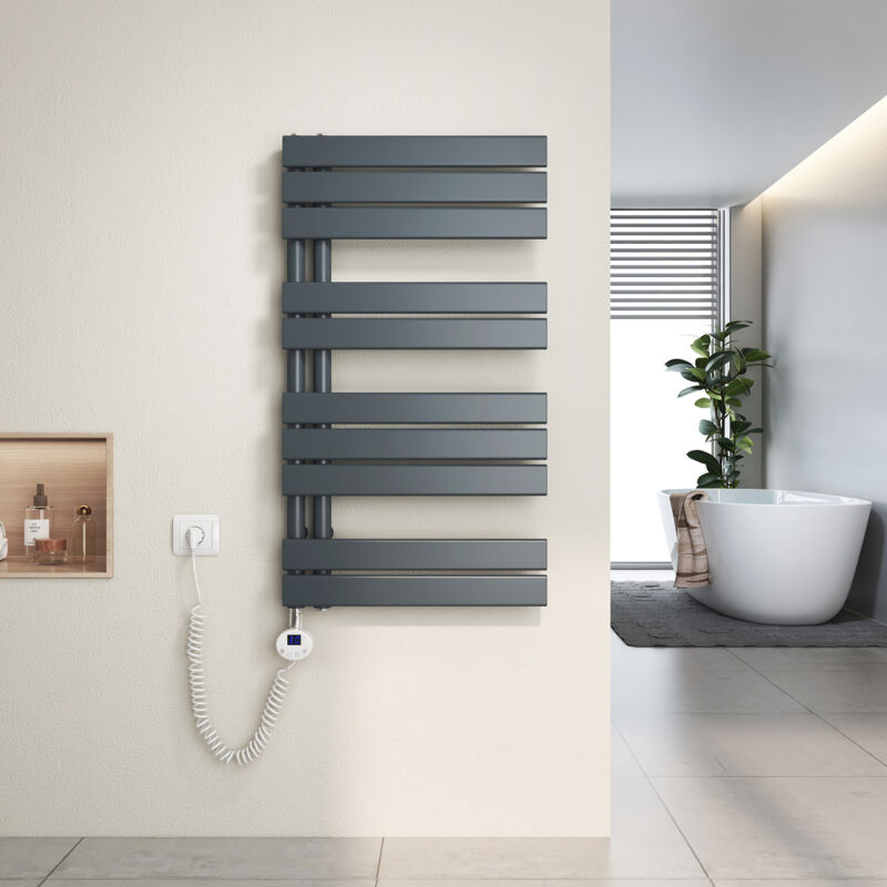 foto del prodotto scaldasalviette elettrici unilaterale asimmetria con termostato di riscaldamento elettrico portasciugamani elettrico 90x50cm, antracite heilmetz