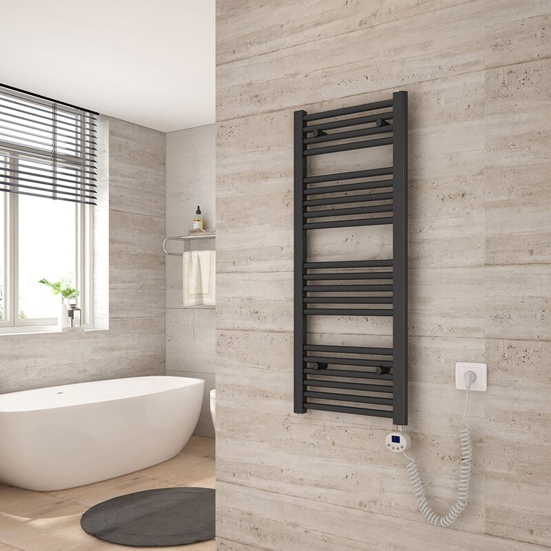 foto del prodotto scaldasalviette elettrico 100x40cm con termostato digitale e funzione timer asciugasalviette dritto antracite 300w heilmetz