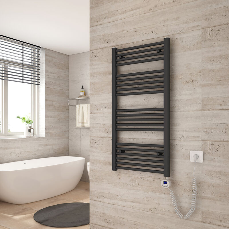 foto del prodotto scaldasalviette elettrico 100x50cm con termostato digitale e funzione timer asciugasalviette diritto antracite 500w heilmetz