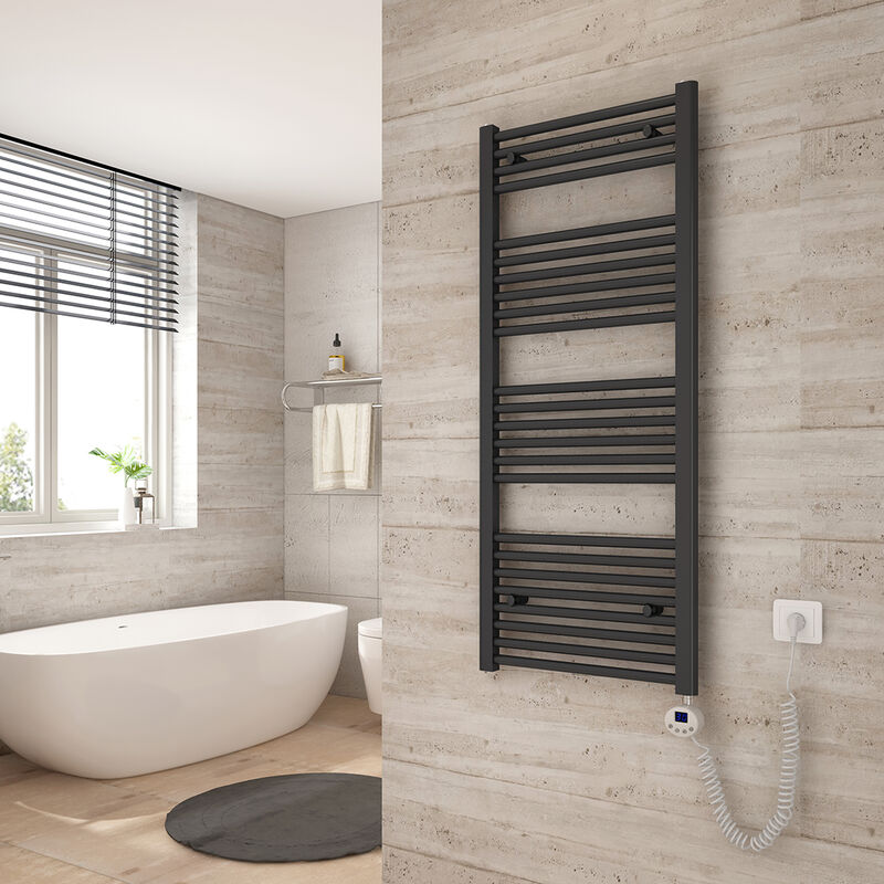 foto del prodotto scaldasalviette elettrico 120x50cm con termostato digitale e funzione timer asciugasalviette diritto antracite 500w heilmetz