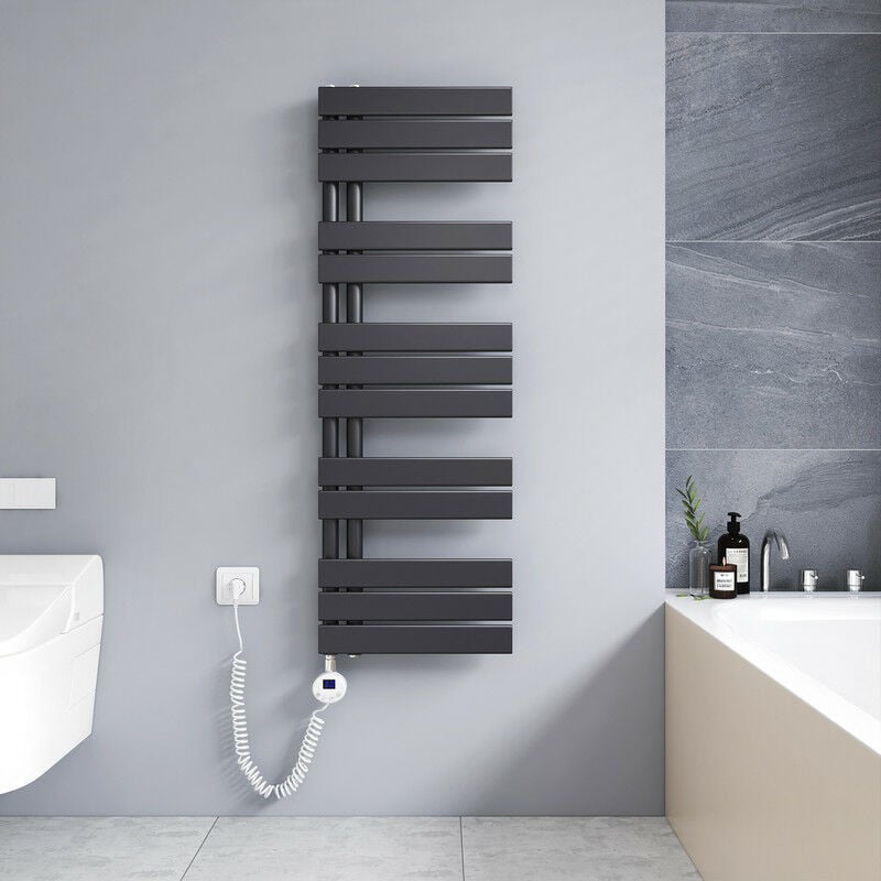 foto del prodotto scaldasalviette elettrico antracite 1176 x 400 mm asimmetrica termoarredo 600w con termostato digitale installazione laterale sinistro meykoers
