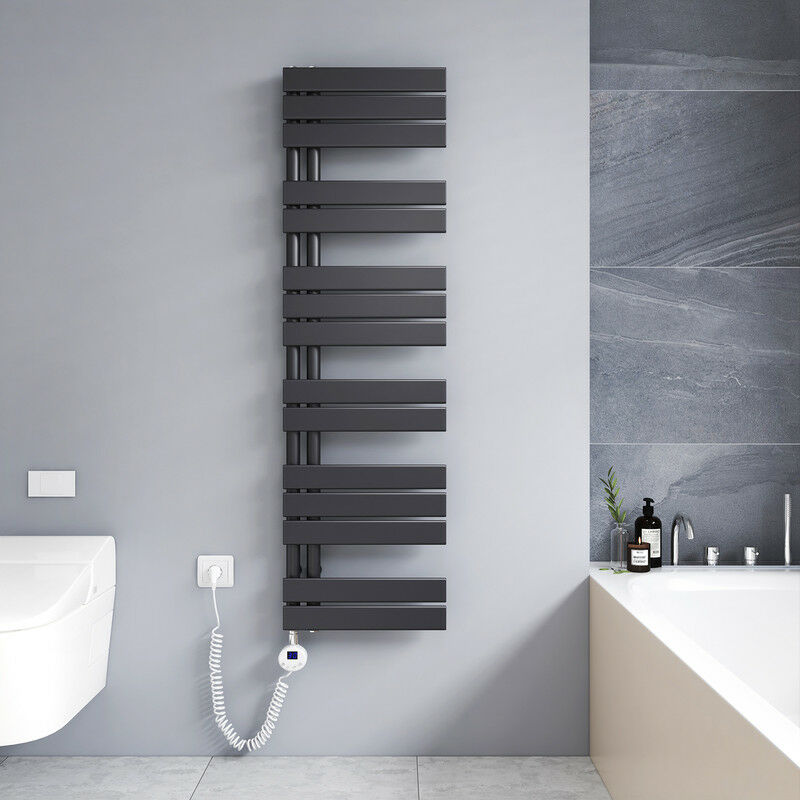 foto del prodotto scaldasalviette elettrico antracite 1385 x 400 mm asimmetrica termoarredo 600w con termostato digitale installazione laterale sinistro meykoers