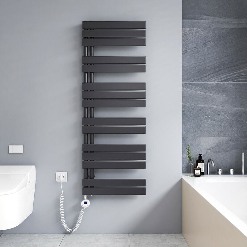 foto del prodotto scaldasalviette elettrico antracite 1385 x 500 mm asimmetrica termoarredo 800w con termostato digitale installazione laterale sinistro meykoers
