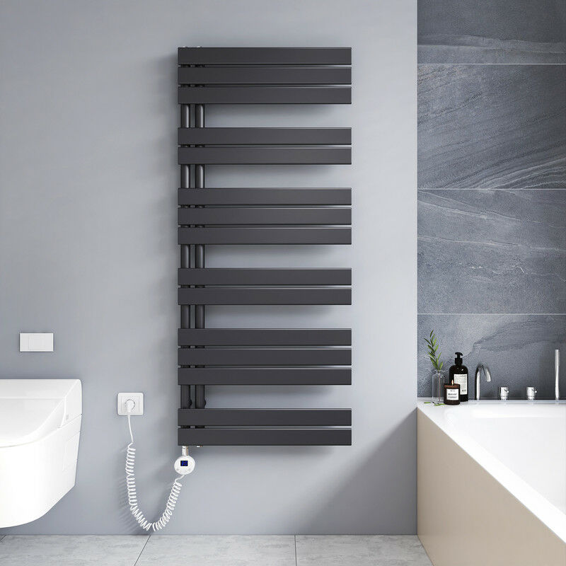 foto del prodotto scaldasalviette elettrico antracite 1385 x 600 mm asimmetrica termoarredo 800w con termostato digitale installazione laterale sinistro meykoers