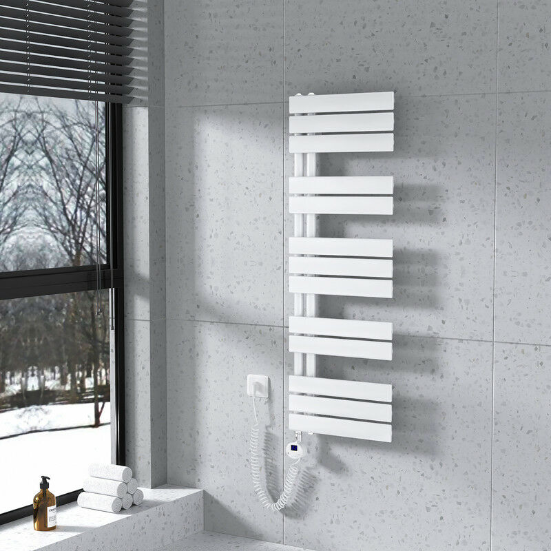 foto del prodotto scaldasalviette elettrico asimmetrica 1176 x 400 mm bianco termoarredo con termostato digitale 600w collega laterale sinistro meykoers