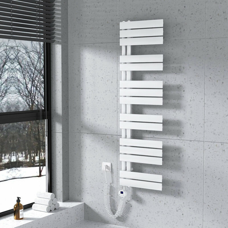 foto del prodotto scaldasalviette elettrico asimmetrica 1385 x 400 mm bianco termoarredo con termostato digitale 600w collega laterale sinistro meykoers