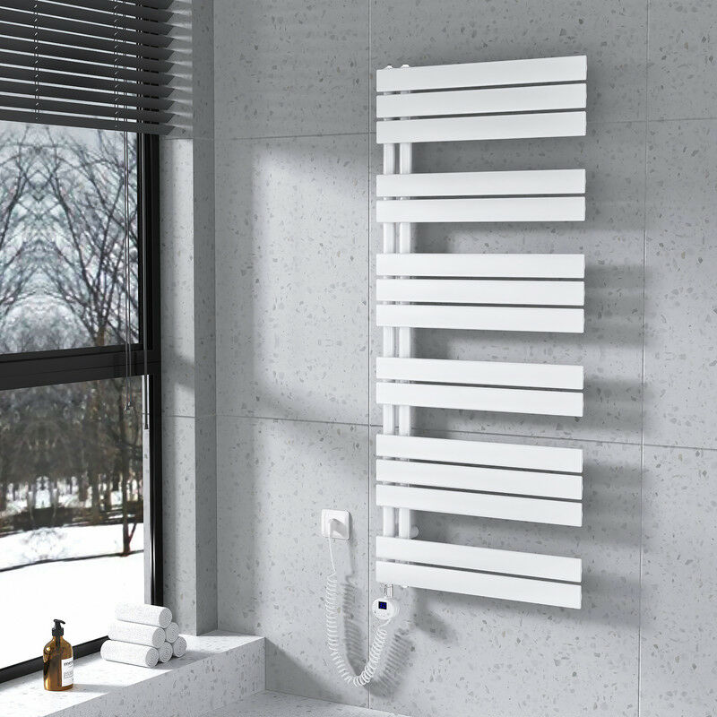 foto del prodotto scaldasalviette elettrico asimmetrica 1385 x 600 mm bianco termoarredo con termostato digitale 800w collega laterale sinistro meykoers