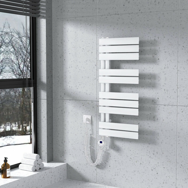 foto del prodotto scaldasalviette elettrico asimmetrica 899 x 400 mm bianco termoarredo con termostato digitale 400w collega laterale sinistro meykoers