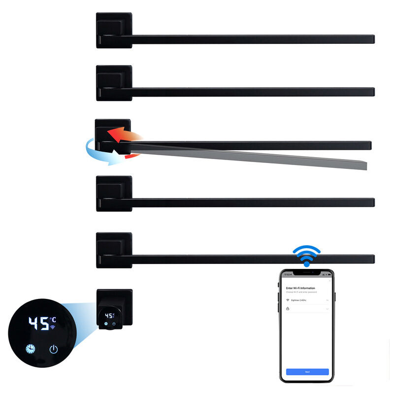 foto del prodotto scaldasalviette elettrico wifi intelligente scaldasalviette con timer, 45 60 c 93w portasciugamani elettrico riscaldato nero rotazione di 180 scalda