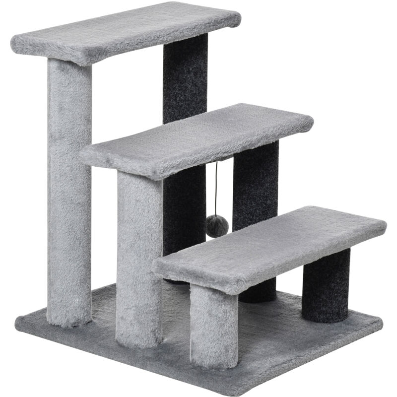 foto del prodotto scaletta per gatti a 3 gradini con pallina in flanella 45x40x48cm grigio pawhut