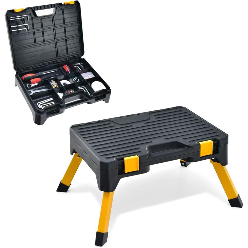 foto del prodotto scaletta pieghevole con cassetta porta attrezzi, 2 in 1 sgabello con 13 scomparti, ampio pedale e piedi antiscivolo, portata 150 kg, per officina