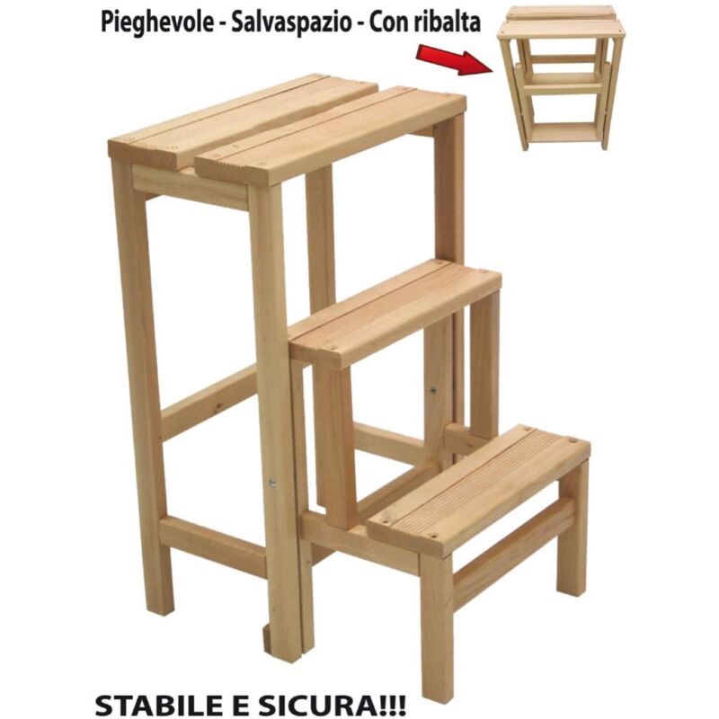foto del prodotto scaletta ribalta 3 gradini altezza 60 cm in legno faggio naturale