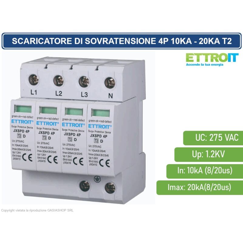 foto del prodotto scaricatore limitatore di sovratensione 2 moduli tipo t2 4p 10ka 20ka spd a limitazione per barra din ettroit