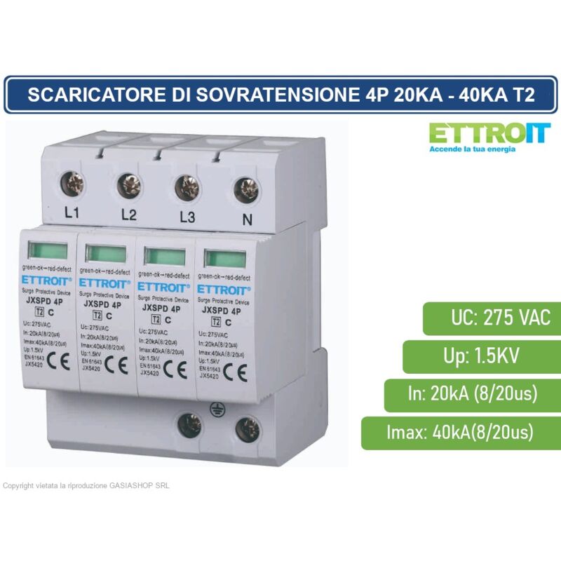 foto del prodotto scaricatore limitatore di sovratensione 2 moduli tipo t2 4p 20ka 40ka spd a limitazione per barra din ettroit