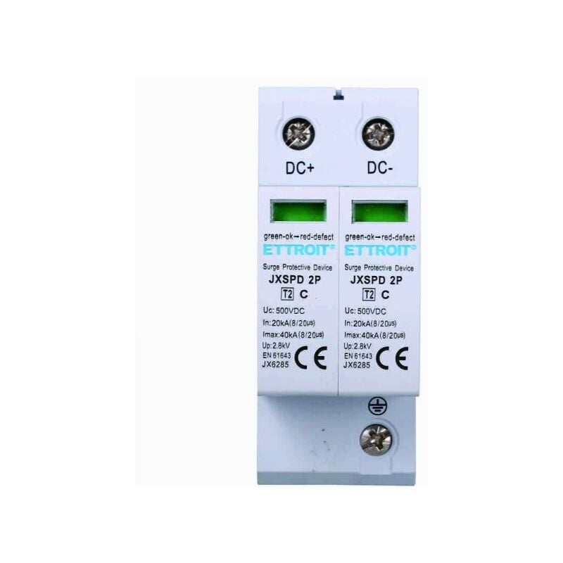 foto del prodotto scaricatore limitatore di sovratensione dc per fotovoltaico tipo 2 t2 d 2p dc 500v 2.8kv 20ka occupa 2 moduli din ettroit